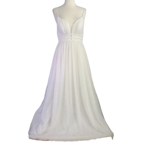 Ivory Sparkly Beaded Plunge Prom Evening Wedding Gown - Picture 1 of 11